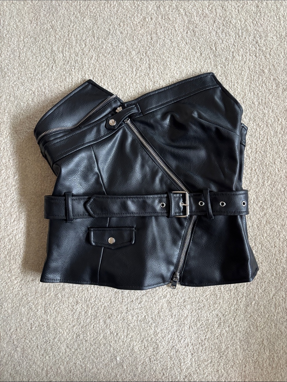 Zara Black Faux Leather Moto Belted Bustier top